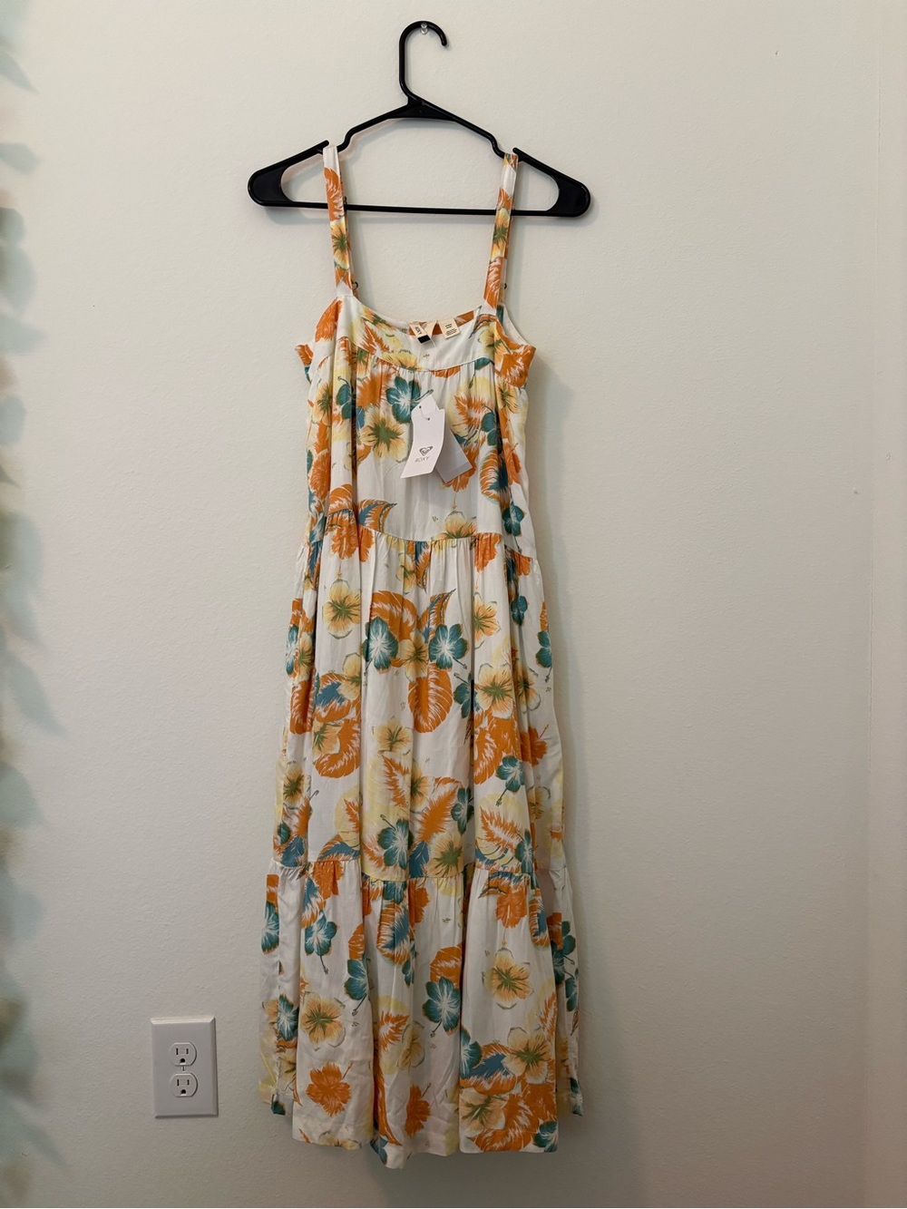 Roxy White Midi Dress with Orange and Teal Floral Print - Picture 1 of 5